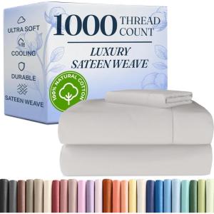 image1000 Thread Count Full Sheet Set  100 Cotton Bed Sheets  Softer Than Egyptian Cotton  4Piece White Full Set  Soft Sateen Weave  Hotel Luxury Bedding  16quot Deep Pocket Fits up to 17quot Mattresses02  Light Grey