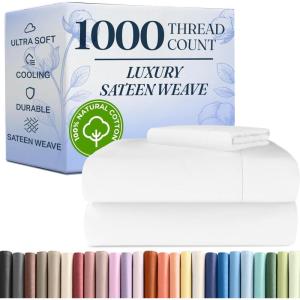 image1000 Thread Count Full Sheet Set  100 Cotton Bed Sheets  Softer Than Egyptian Cotton  4Piece White Full Set  Soft Sateen Weave  Hotel Luxury Bedding  16quot Deep Pocket Fits up to 17quot Mattresses01  White