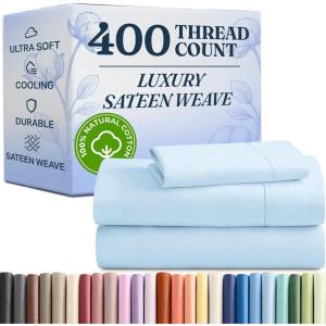 image400 Thread Count Cotton Sheet Set  King Size 100 Cotton Sheets  Easily Fits 8quot to 16quot Mattress  SilkySoft Wrinkle Free Breathable and Comfy  Deep Pockets ampamp Hotel Quality Bedding Set  Beige11  Baby Blue