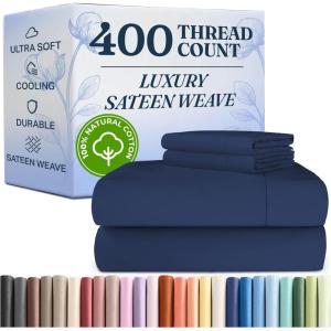 image400 Thread Count Cotton Sheet Set  King Size 100 Cotton Sheets  Easily Fits 8quot to 16quot Mattress  SilkySoft Wrinkle Free Breathable and Comfy  Deep Pockets ampamp Hotel Quality Bedding Set  Beige13  Navy Blue
