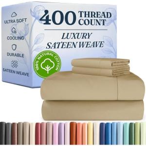 image400 Thread Count Cotton Sheet Set  King Size 100 Cotton Sheets  Easily Fits 8quot to 16quot Mattress  SilkySoft Wrinkle Free Breathable and Comfy  Deep Pockets ampamp Hotel Quality Bedding Set  Beige09  Beige