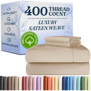 image400 Thread Count Cotton Sheet Set  King Size 100 Cotton Sheets  Easily Fits 8quot to 16quot Mattress  SilkySoft Wrinkle Free Breathable and Comfy  Deep Pockets ampamp Hotel Quality Bedding Set  Beige07  Cream