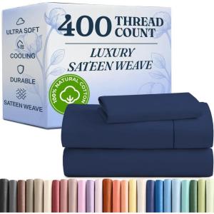 image400 Thread Count Cotton Sheet Set  Twin XL Size 100 Cotton Sheets  Easily Fits 8quot to 16quot Mattress  SilkySoft Wrinkle Free Breathable ampamp Comfy  Deep Pockets ampamp Hotel Quality Bedding Set  White13  Navy Blue