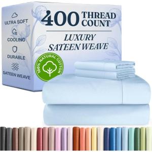image400 Thread Count Cotton Sheet Set  Twin XL Size 100 Cotton Sheets  Easily Fits 8quot to 16quot Mattress  SilkySoft Wrinkle Free Breathable ampamp Comfy  Deep Pockets ampamp Hotel Quality Bedding Set  White11  Baby Blue