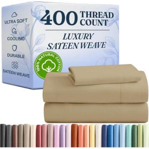 image400 Thread Count Cotton Sheet Set  Twin XL Size 100 Cotton Sheets  Easily Fits 8quot to 16quot Mattress  SilkySoft Wrinkle Free Breathable ampamp Comfy  Deep Pockets ampamp Hotel Quality Bedding Set  White09  Beige