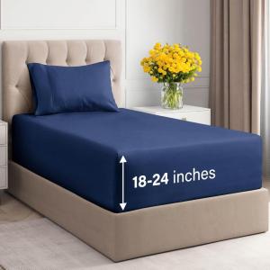 imageExtra Deep Pockets 400 Thread Count 100 Cotton 4 Piece Queen Size Bedding Sheet Set  Breathable ampamp Cooling  Hotel Luxury Bed Sheets Set  Extra Soft Wrinkle Free ampamp Comfy White Bedding Sheets Set07  Navy Blue