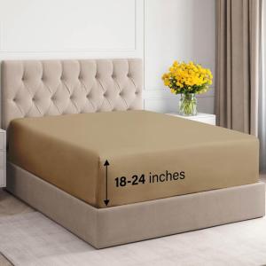 imageExtra Deep Twin 400 Thread Count Cotton Fitted Sheet  Hotel Luxury Single Fitted Sheet Only  Easily Fits 18quot to 24quot Mattress  Soft Wrinkle Free ampamp Breathable ampamp Comfy Extra Deep Pockets Light Grey05  Beige