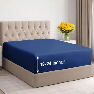 imageExtra Deep Twin 400 Thread Count Cotton Fitted Sheet  Hotel Luxury Single Fitted Sheet Only  Easily Fits 18quot to 24quot Mattress  Soft Wrinkle Free ampamp Breathable ampamp Comfy Extra Deep Pockets Light Grey07  Navy Blue