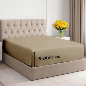 imageExtra Deep Twin 400 Thread Count Cotton Fitted Sheet  Hotel Luxury Single Fitted Sheet Only  Easily Fits 18quot to 24quot Mattress  Soft Wrinkle Free ampamp Breathable ampamp Comfy Extra Deep Pockets Light Grey04  Cream