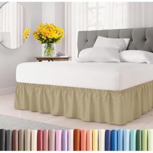 imageWrap Around Dust Ruffle Bed Skirt  Beige  for Queen Size Beds with 12 Inch Drop  Easy Fit Elastic Strap  Adjustable Pleated Bedskirt wBrushed Fabric  Wrinkle Free  for Women Men Kids ampamp Teens