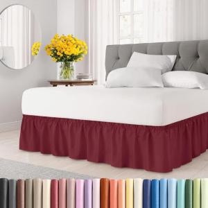 imageWrap Around Dust Ruffle Bed Skirt  Burgundy  for Queen Size Beds with 12 Inch Drop  Elastic Strap  Adjustable Pleated Bedskirt with Brushed Fabric and Wrinkle Free  for Women Men Kids ampamp Teens