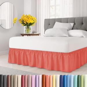 imageWrap Around Dust Ruffle Bed Skirt  Coral  for Queen Size Beds with 12 Inch Drop  Easy Fit Elastic Strap  Adjustable Pleated Bedskirt wBrushed Fabric  Wrinkle Free  for Women Men Kids ampamp Teens