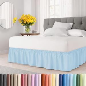 imageWrap Around Dust Ruffle Bed Skirt  Light Blue  for Queen Size Beds with 12 Inch Drop  Elastic Strap  Adjustable Pleated Bedskirt with Brushed Fabric and Wrinkle Free  For Women Men Kids ampamp Teens
