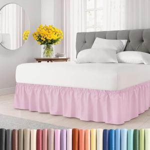 imageWrap Around Dust Ruffle Bed Skirt  Light Pink  for Queen Size Beds with 12 Inch Drop  Elastic Strap  Adjustable Pleated Bedskirt with Brushed Fabric and Wrinkle Free  For Women Men Kids ampamp Teens