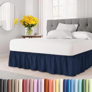 imageWrap Around Dust Ruffle Bed Skirt  Navy Blue  for Queen Size Beds with 12 Inch Drop  Elastic Strap  Adjustable Pleated Bedskirt with Brushed Fabric and Wrinkle Free  for Women Men Kids ampamp Teens