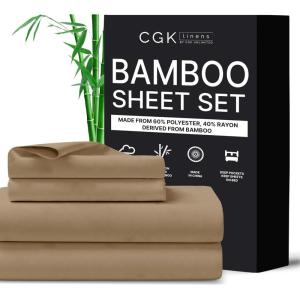 imageCGK Unlimited Queen Size Bed Sheets Cooling ampamp Breathable 60 Polyester 40 Rayon Derived from Bamboo Super Soft Comfy Sheets for Hot Sleepers to Stay Cool Queen Light Grey05  Beige