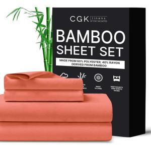 imageCGK Unlimited Queen Size Bed Sheets Cooling ampamp Breathable 60 Polyester 40 Rayon Derived from Bamboo Super Soft Comfy Sheets for Hot Sleepers to Stay Cool Queen Light Grey15  Coral