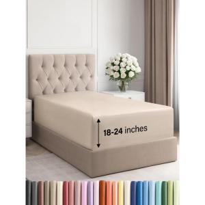 imageExtra Deep Split King Fitted Sheet  Hotel Luxury Single Fitted Sheet Only  Easily Fits 18 inch to 24 inch Mattress  Ultra Soft Wrinkle Free wExtra Deep Pockets  Breathable ampamp Comfy  Light Grey13  Wheat