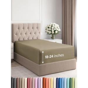 imageExtra Deep Split King Fitted Sheet  Hotel Luxury Single Fitted Sheet Only  Easily Fits 18 inch to 24 inch Mattress  Ultra Soft Wrinkle Free wExtra Deep Pockets  Breathable ampamp Comfy  Light Grey15  Khaki