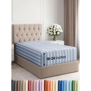 imageExtra Deep Split King Fitted Sheet  Hotel Luxury Single Fitted Sheet Only  Easily Fits 18 inch to 24 inch Mattress  Ultra Soft Wrinkle Free wExtra Deep Pockets  Breathable ampamp Comfy  Light Grey44  Blue Stripes 3