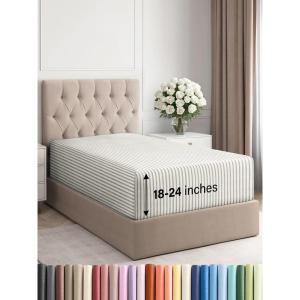 imageExtra Deep Split King Fitted Sheet  Hotel Luxury Single Fitted Sheet Only  Easily Fits 18 inch to 24 inch Mattress  Ultra Soft Wrinkle Free wExtra Deep Pockets  Breathable ampamp Comfy  Light Grey42  Beige Stripes 2